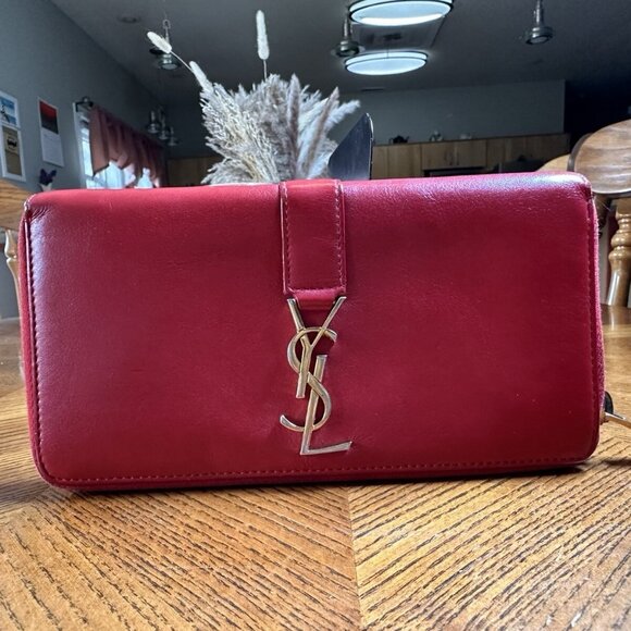 EUC YSL Yves Saint Laurent Red Calfskin Leather Long Wallet with Dust Bag - Picture 1 of 7